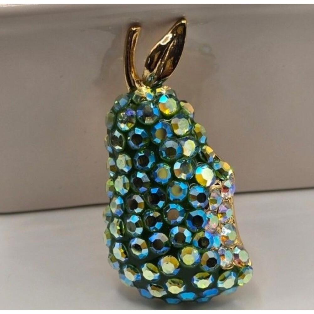 Suzanne Bjontegard Figural Pear Pin Gold Tone Aurora Borealis Crystals Vintage